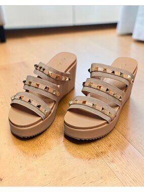 Studded Strap Nude Wedge Sandals For Women - Stylish Slip-On Platform Design Wit